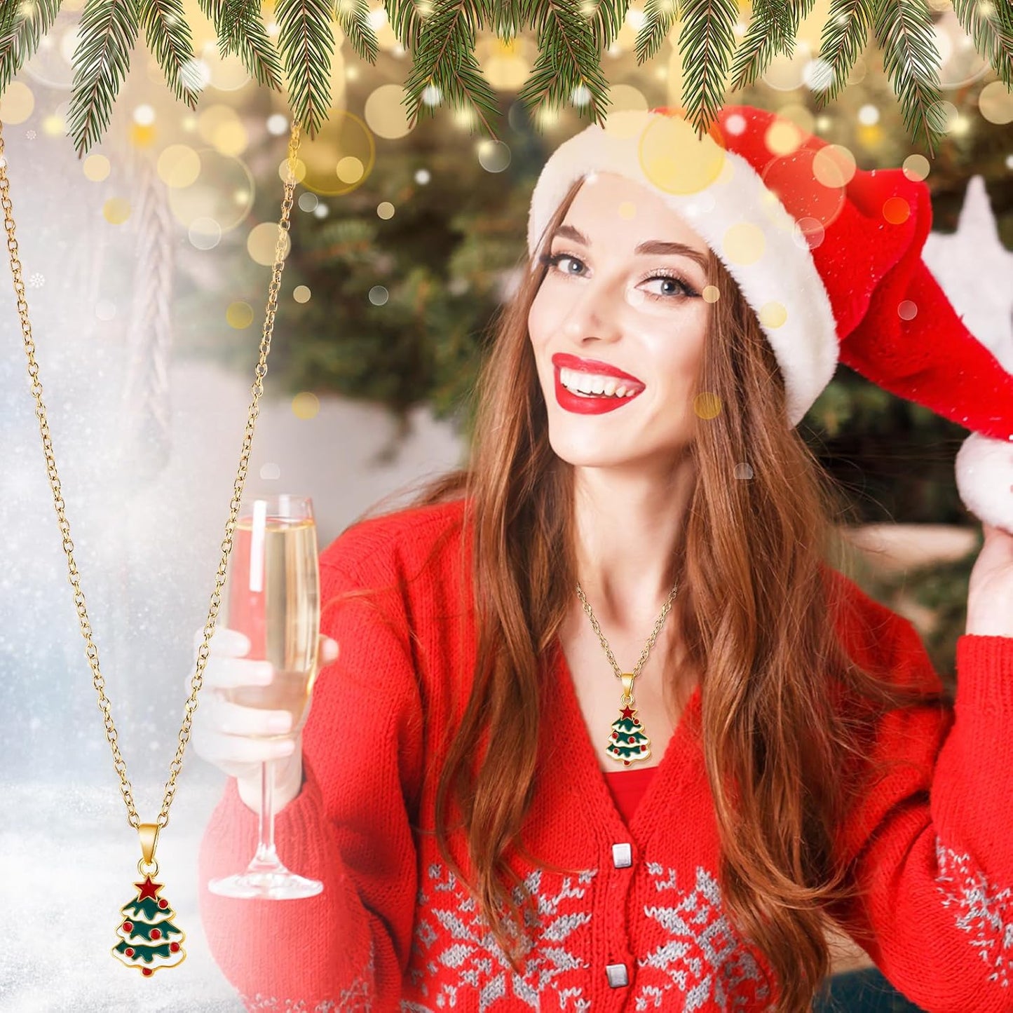 Cunno 48 Pieces Christmas Necklaces Bulk Crystal Xmas Tree Santa Reindeer Pendant Necklace Women Bell Snow Christmas Cute Charm Jewelry Gifts for Wife Mother Friends Sister