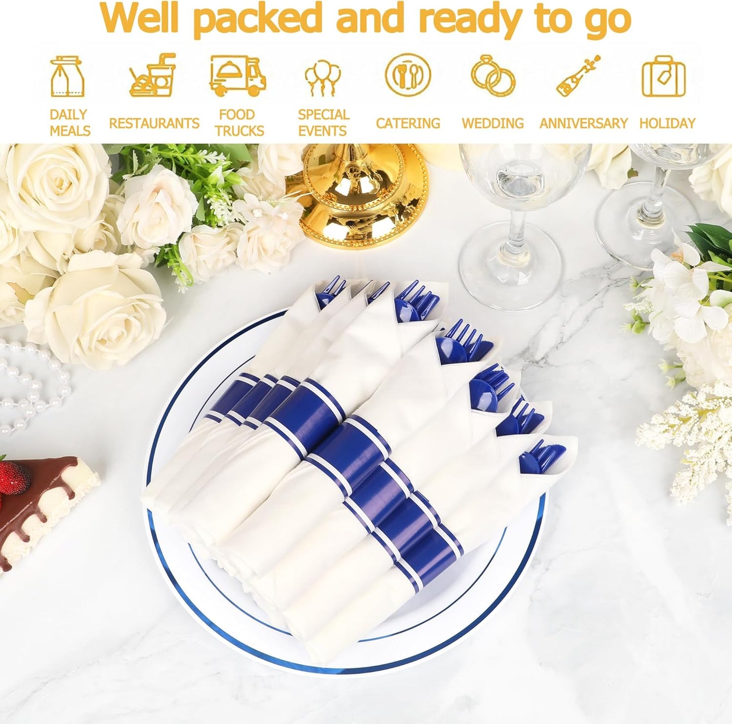 50 Pack Pre Rolled Blue Plastic Silverware Set,Wrapped Plastic Cutlery Set with Napkin Include 50 Forks,50 Spoons,50 Knives and 50 White Napkins for Party,Wedding