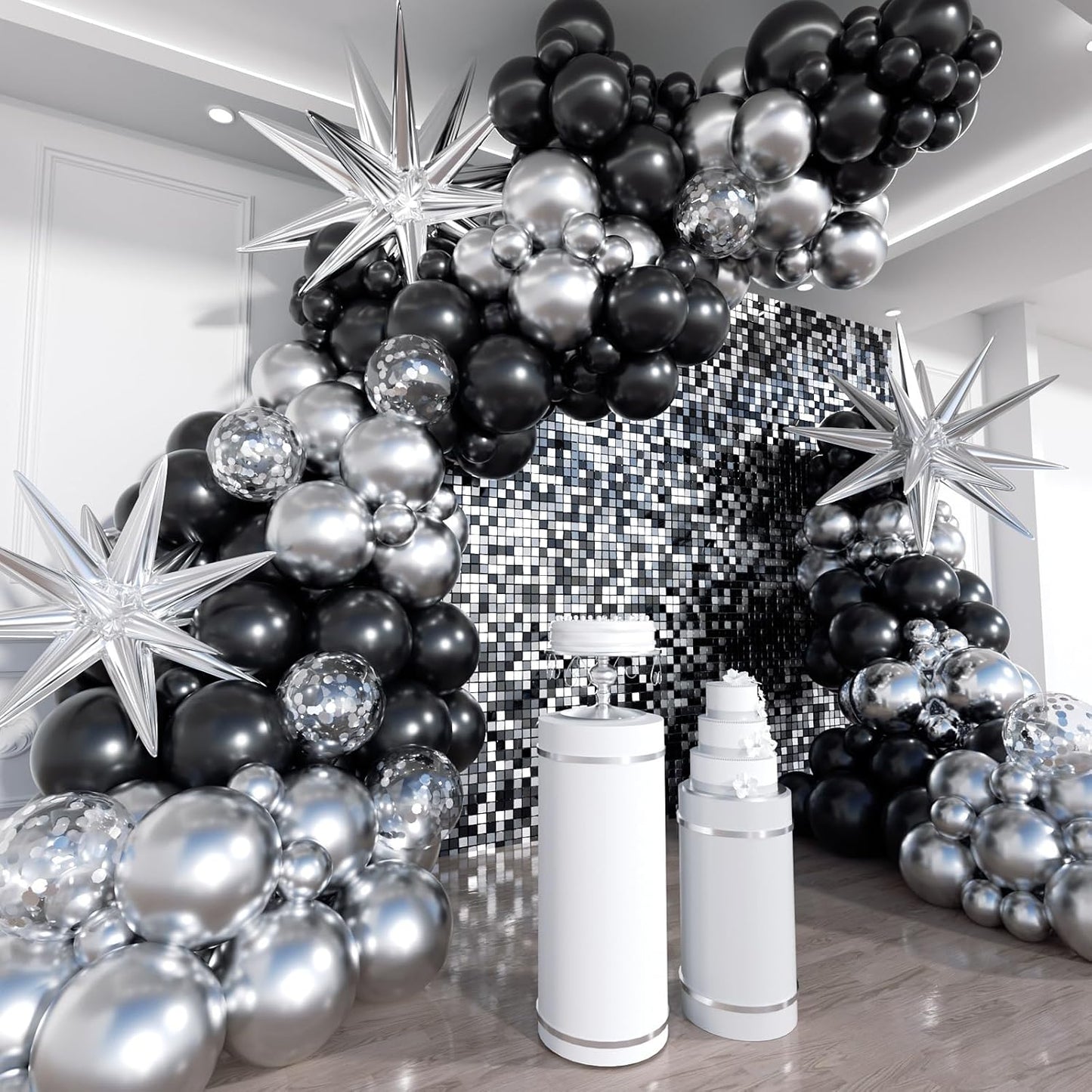 Black and Silver Balloon Arch Kit, 201Pcs Explosion Star Black Metallic Silver with Confetti Balloon Garland kit, Different Size Balloons for Anniversary Birthday Disco Party Decorations