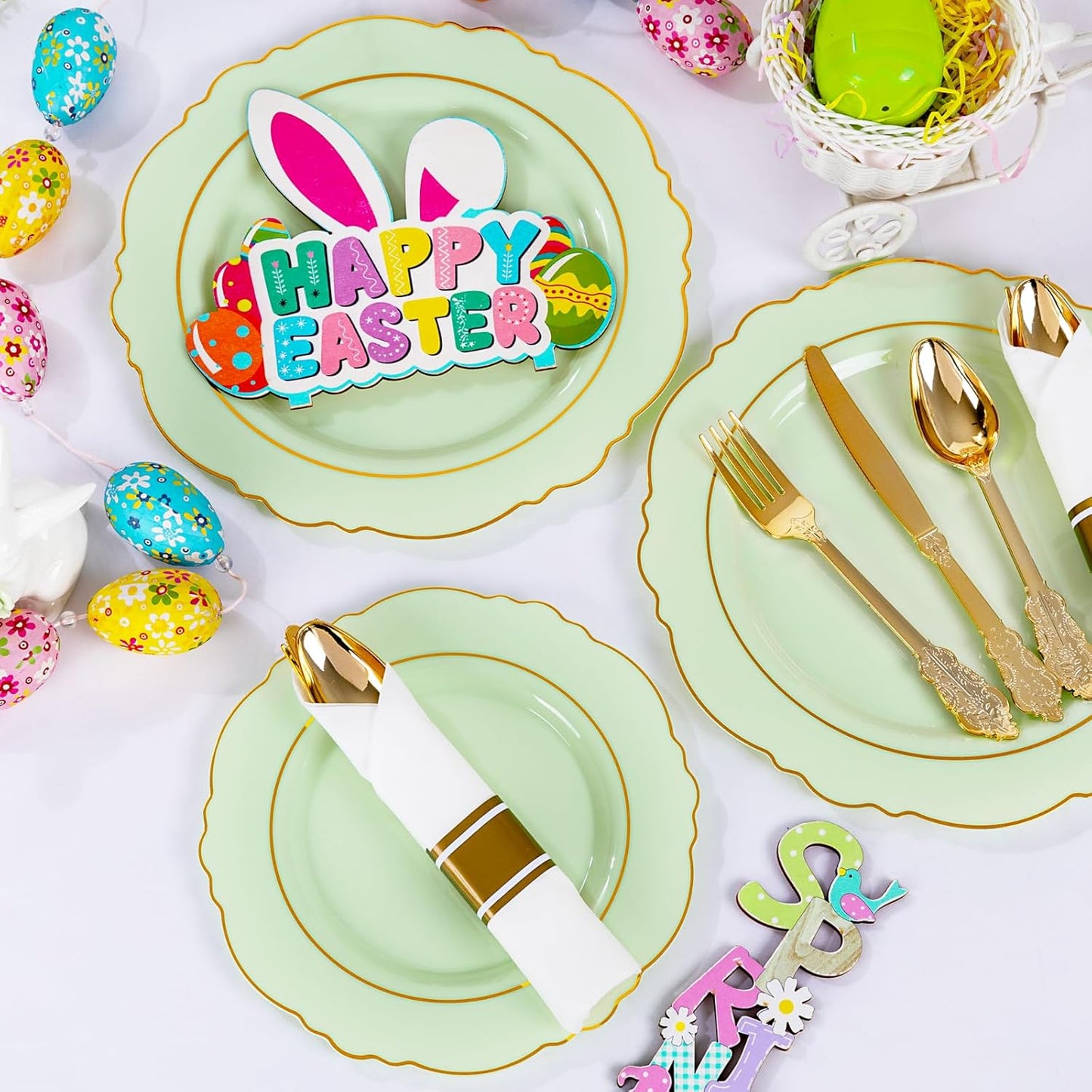 Liacere 350PCS Light Green Plates - Disposable Green and Gold Plastic Plates 50guest Baroque Dinnerware include 100Plates,50Pack Pre Rolled Napkins with Silverware 50Cups for Mother's Day