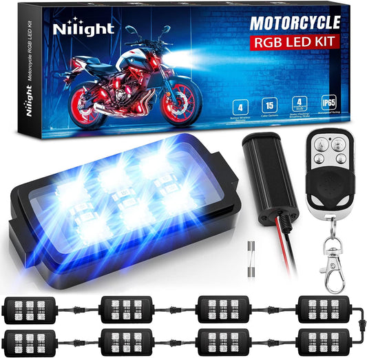 Nilight 8pcs Motorcycle RGB LED Strip Lights Kit Multi-Color Neon Waterproof Atmosphere Lights with RF Wireless Smart Remote Controllers for Harley Davidson Suzuki,2 Years Warranty