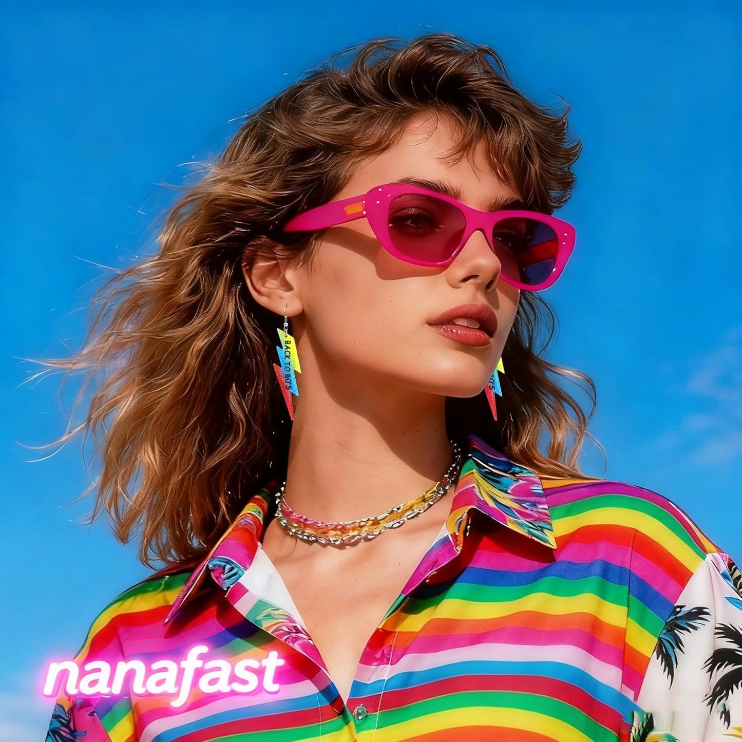 Nanafast 80S Neon Earrings Lightning Bolt Dangle Earrings for Women, 80s Accessories for Women Colorful Gradient Neon Jewelry