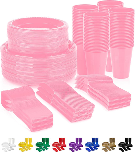 Grandipity 720 Piece Pink Disposable Dinnerware Set, Plastic Dinnerware Set Includes 120 Count 9' Dinner Plates, 7' Dessert Plates, 12oz Cups, Forks, Knives & Spoons