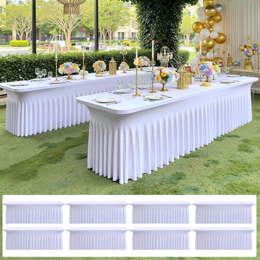 8 pk White Spandex Table Cloth Rectangle 8ft with Ruffle Skirt,Wrinkle Free High-Stretch Fitted Tablecloths for 8 Foot Rectangle Tables,Elastic Spandex Table Covers 8 ft for Parties Weddings Banquet
