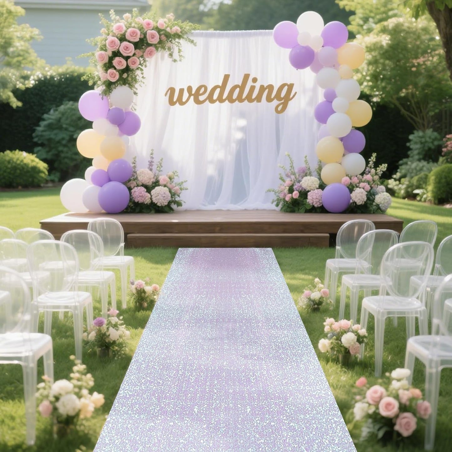 PartyDelight Wedding Aisle Runner Iridescent White 4FTx15FT Sequin Carpet Sparkly Rug for Ceremony Indoor Outdoor Engagement Decoration