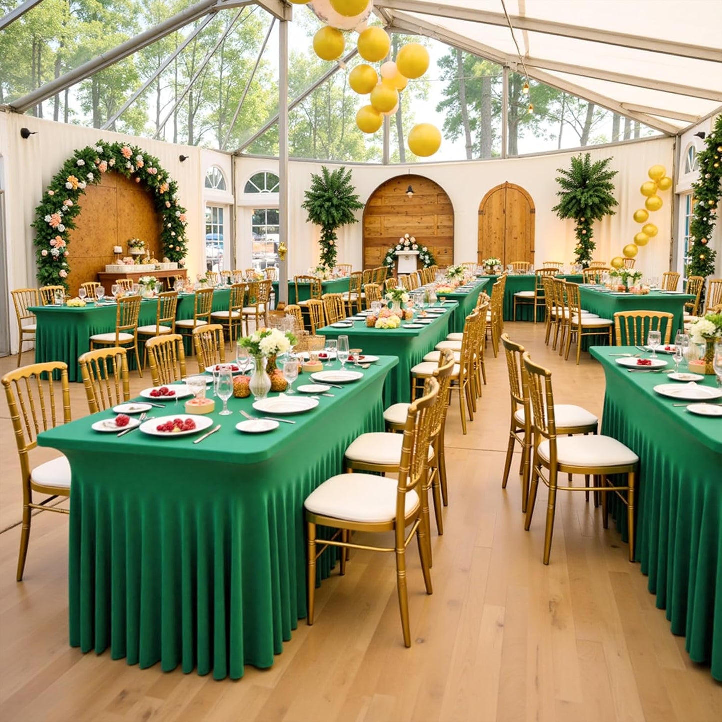 2 Pack Emerald Green Spandex Tablecloths for 8 Foot Rectangle Tables, Wrinkle Free Fitted Table Cloths Green 8ft Stretchy Table Cloth Cover with Skirt for Parties Weddings Birthday Banquet Baby Shower