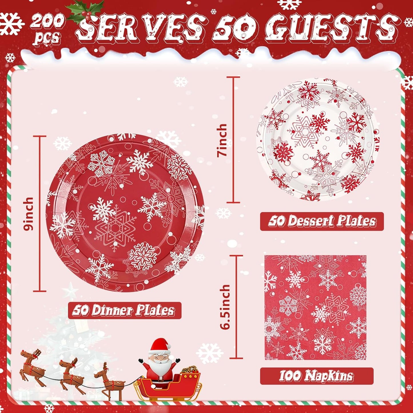 Homlouue 200Pcs Christmas Plates and Napkins Set – Disposable Snowflake Dinnerware with 50 Dinner & 50 Dessert Plate, Christmas Paper Plates and Napkins for Holiday Parties Decor
