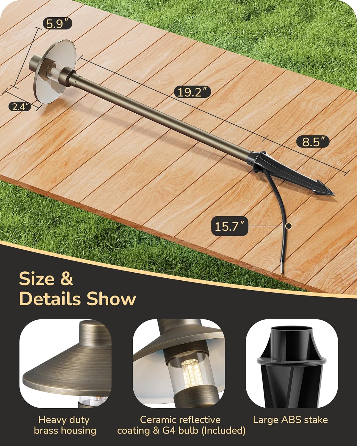 EDISHINE Solid Brass Low Voltage Pathway Lights Wired, 22" Tall Outdoor Landscape Path Light Heavy Duty, G4 Bulb Included, 12V LED Landscape Lighting, Bronze Waterproof for Garden Yard Walkway, 4 Pack