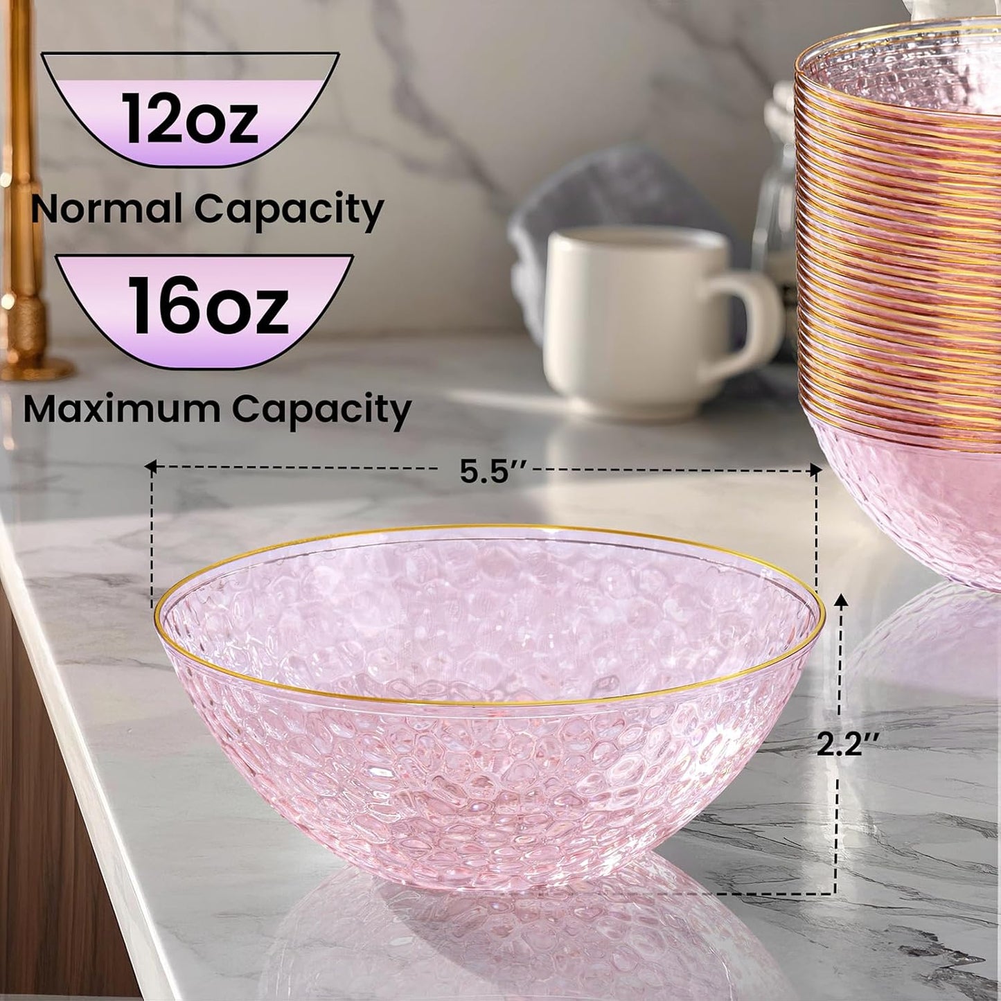I00000 20 Pack 12 Ounce Pink Plastic Bowls Hammered Gold Rimmed Crystal Like, Heavy duty Disposable Bowl Set,Elegant Soup/Salad/Dessert/Ice Cream Small Bowls For Thanksgiving Party, Weddings, Catering
