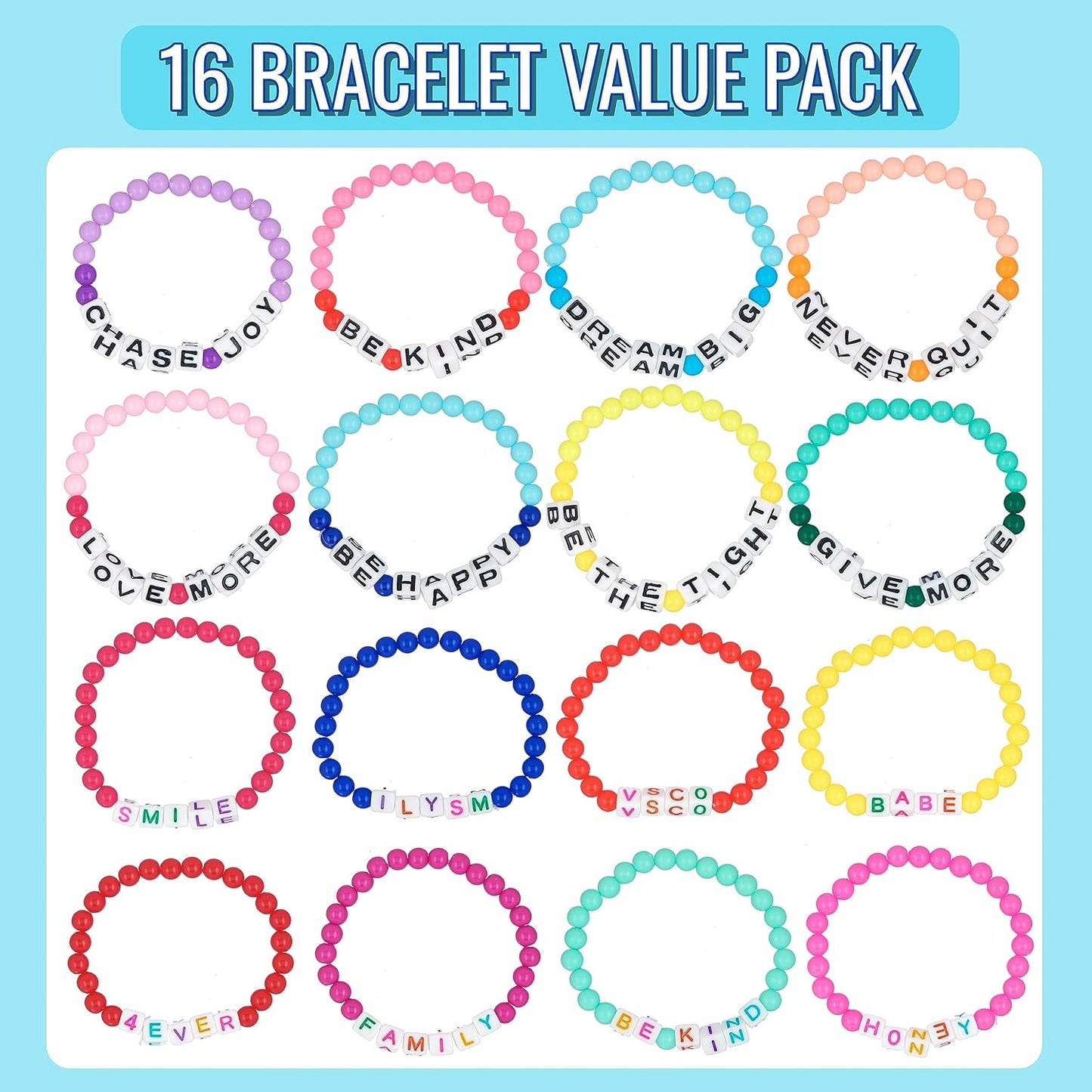 EXPRESSIONS 16pc Tear Share Bracelets BRIGHT Beads Novelty Message Friends Colorful Letter Beaded Party Favor Jewelry Bulk Supplies Children Teens School Gift