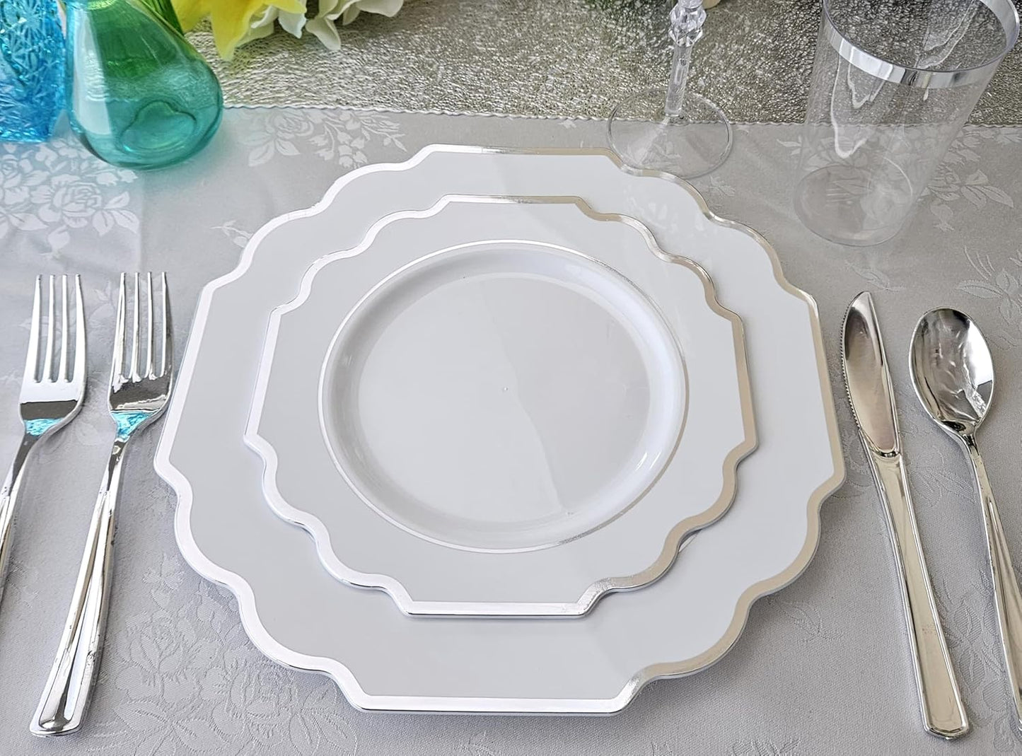" OCCASIONS " 50 Plates Pack (25 Guests)-Heavyweight Wedding Party Disposable Plastic Plate Set -(25x10.5'' Dinner + 25x8'' Salad/Dessert) (Imperial in White & Silver Rim)