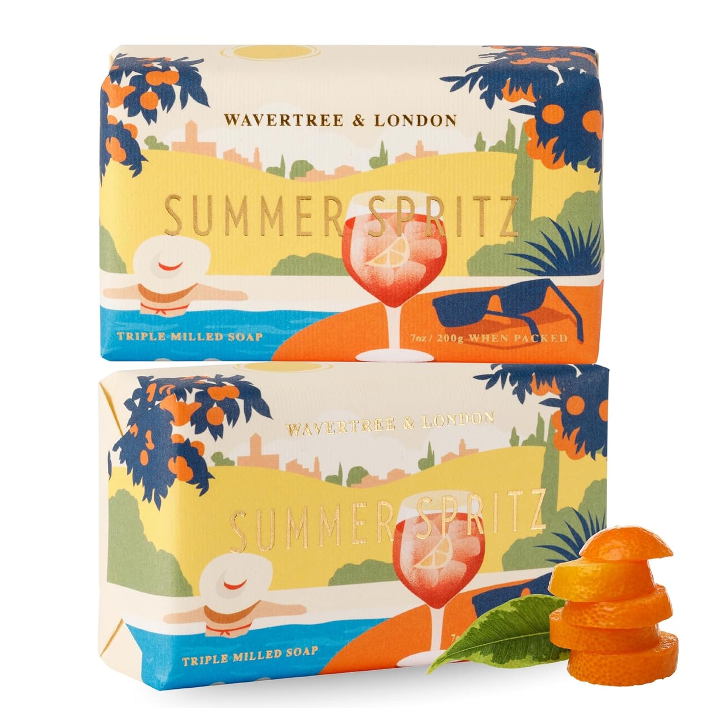 Wavertree & London Summer Spritz Scented Natural Soap (2 Bars), 7oz Moisturizing French Triple Milled Soap Bars enriched with shea butter - Pure Plant Based Bath & Body Bars for All Skin Types
