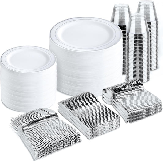 bUCLA 600pcs Silver Plastic Dinnerware Set for 100 Guests - Silver Christmas Dinnerware Set Disposable for Party - Include 100 Dinner Plates,100 Dessert Plates,100Cups,100 Knives,100 Forks,100 Spoons