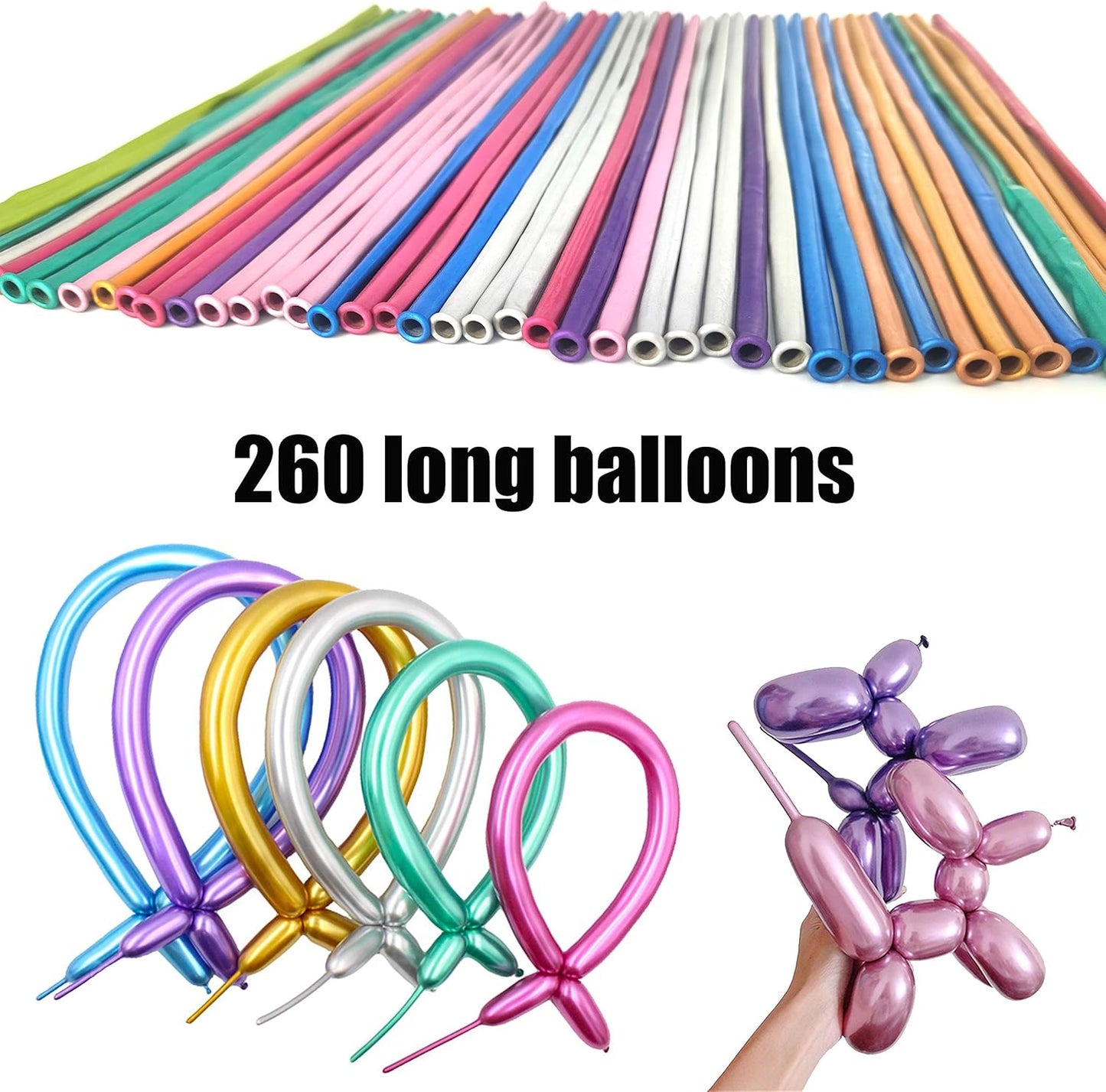 100Pcs Metallic 260 Balloons, Color Chrome Long Balloon for Animals, 260 Art Ballon for Twisting, Skinny Modeling Supplies for Birthday Party Wedding Festival Decorations. Multi