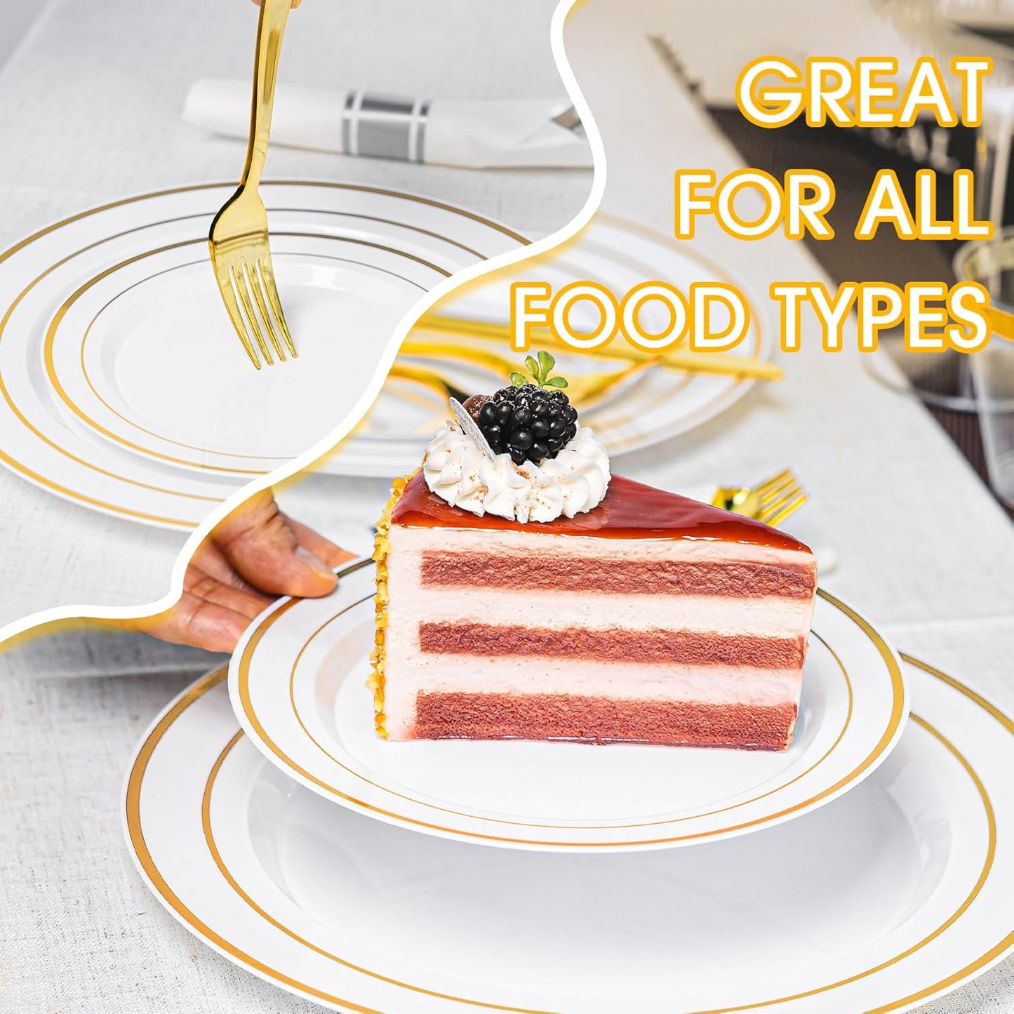 350PCS Gold Plastic Plates Dinnerware Set, Thanksgiving Disposable Plates, 50 Dinner and 50 Dessert Plates, 50 Pre Rolled Napkins with Silverware and 50 Cups for Party and Wedding