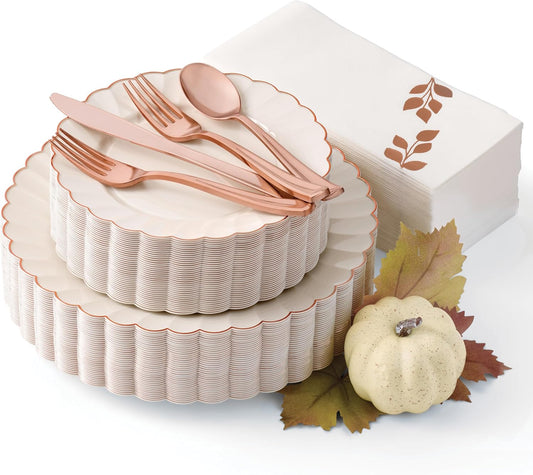 By Madee HEAVYWEIGHT 175 Pc Thanksgiving Plastic Plates and Napkins Sets – Ivory Scalloped Plates with Rose Gold Trim | Fall Disposable Dinnerware Set | Host Beautifully (25 Guests)