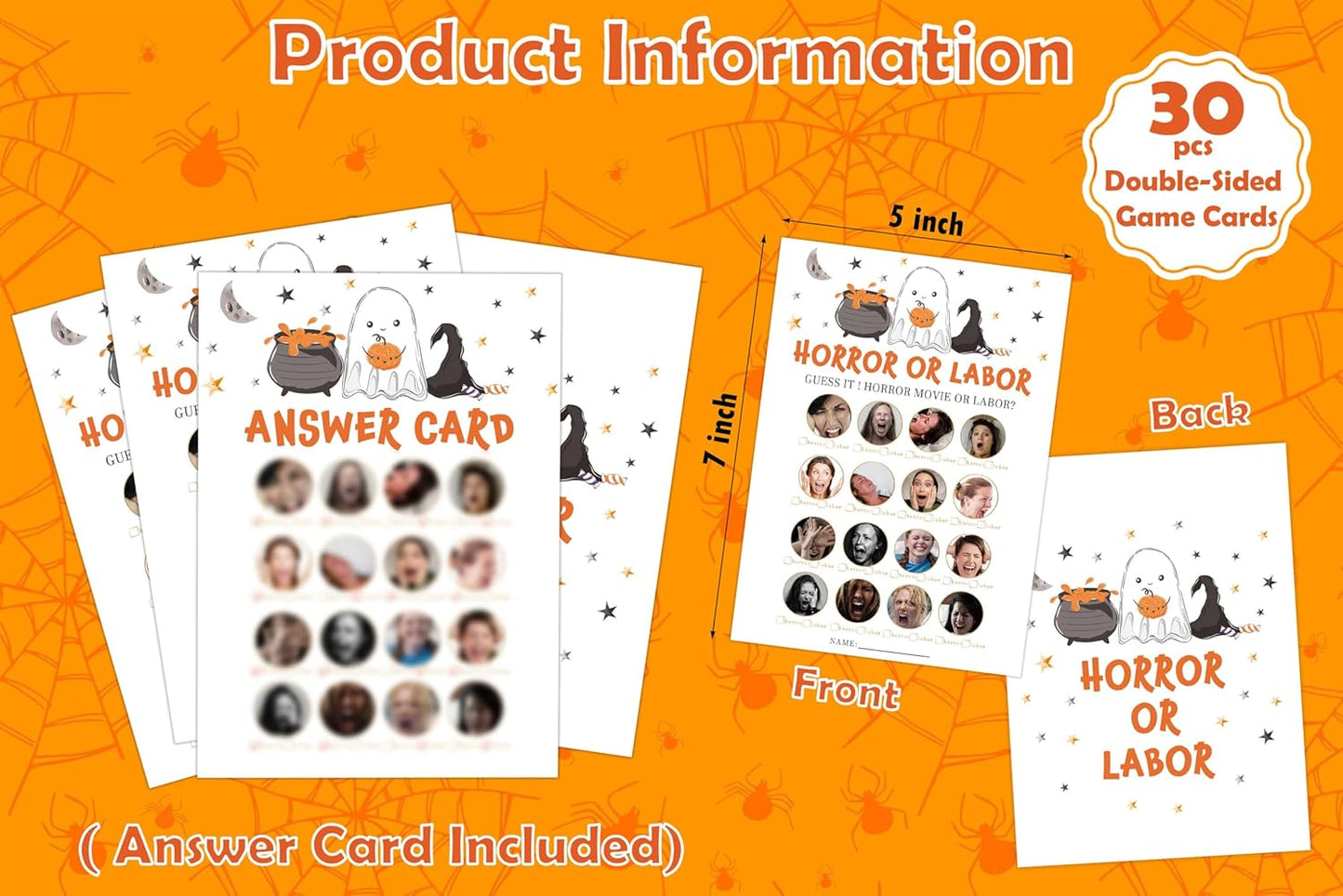 Labor or Horror Halloween Baby Shower Game, 30 Halloween Gender Reveal Games for Guests (Included Answer Card) 5x7 inch, Perfect for Neutral Gender Reveal Decorations Party Favors Supplies