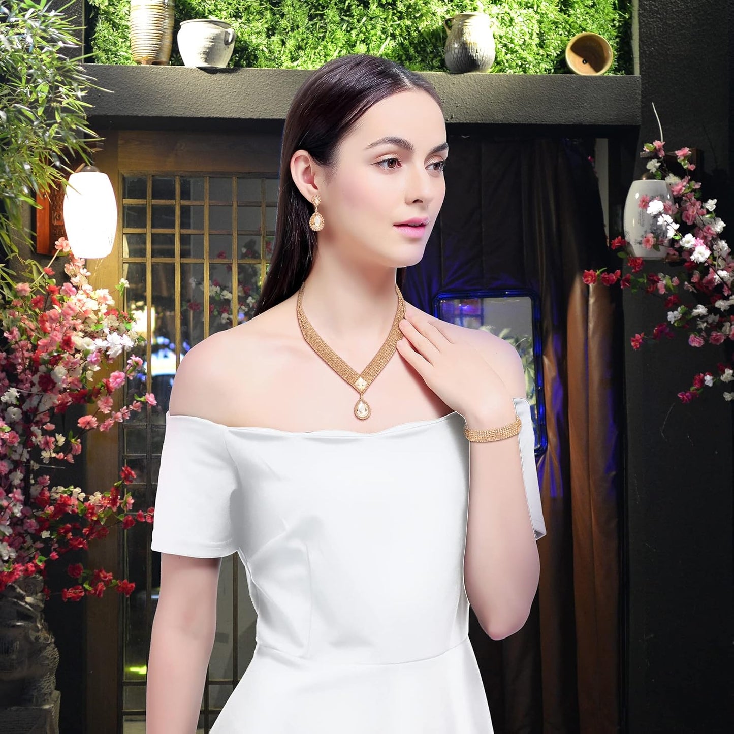 3/4 Pieces Women Jewelry Set Rhinestone Tiara Crown Necklace Bangle Bracelet Artificial Crystal Teardrop Dangle Earrings and Artificial Rhinestone Handbag for Wedding Party