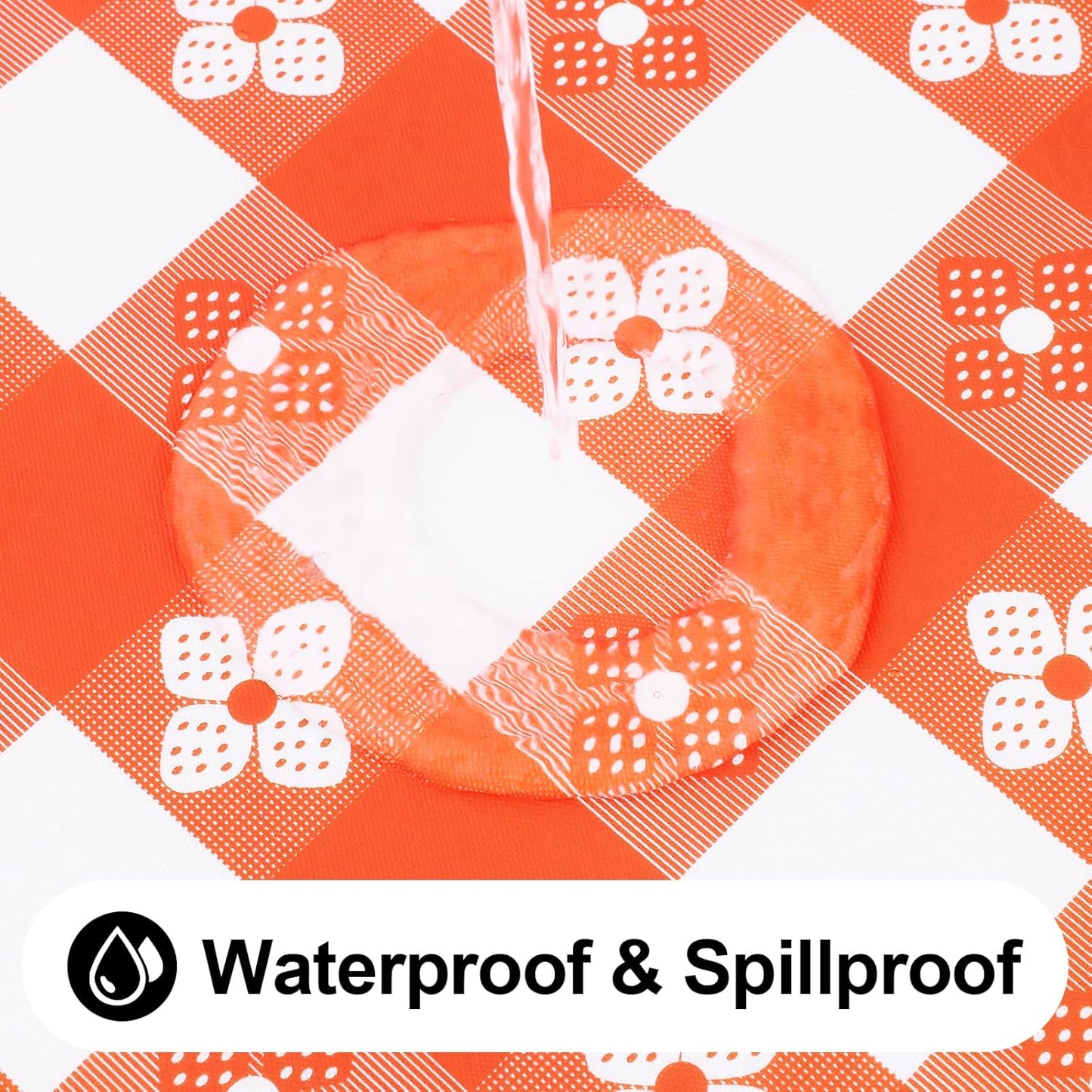 Rectangle Vinyl Table Cloth, Waterproof Elastic Fitted Tablecloth with Flannel Backing, Plastic Table Cover for Picnic, Camping, Outdoor (White & Orange, 30"x72")