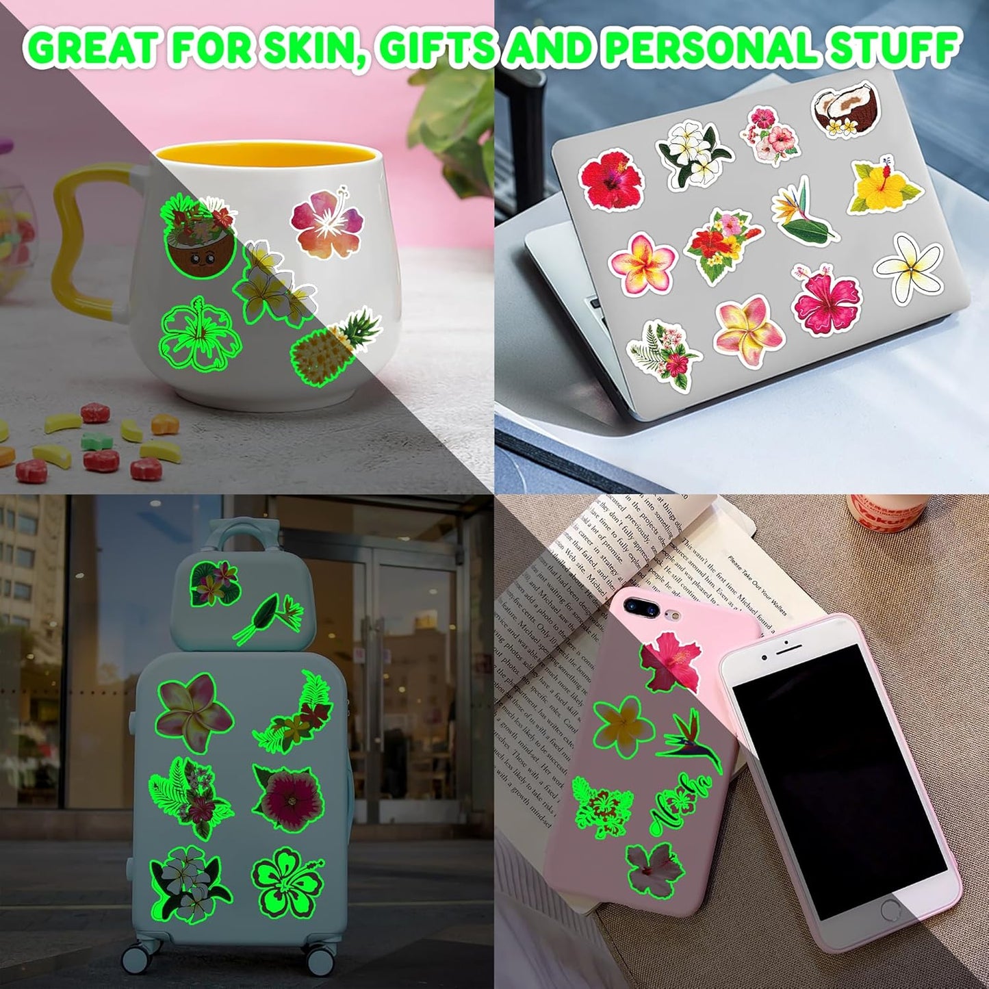 96 PCS Tropical Flower Hawaiian Pre-Cut Temporary Themed Birthday Favors Supplies Décor Cute Luau Gifts For Game Boys Girls Classroom School (Glow In The Dark)