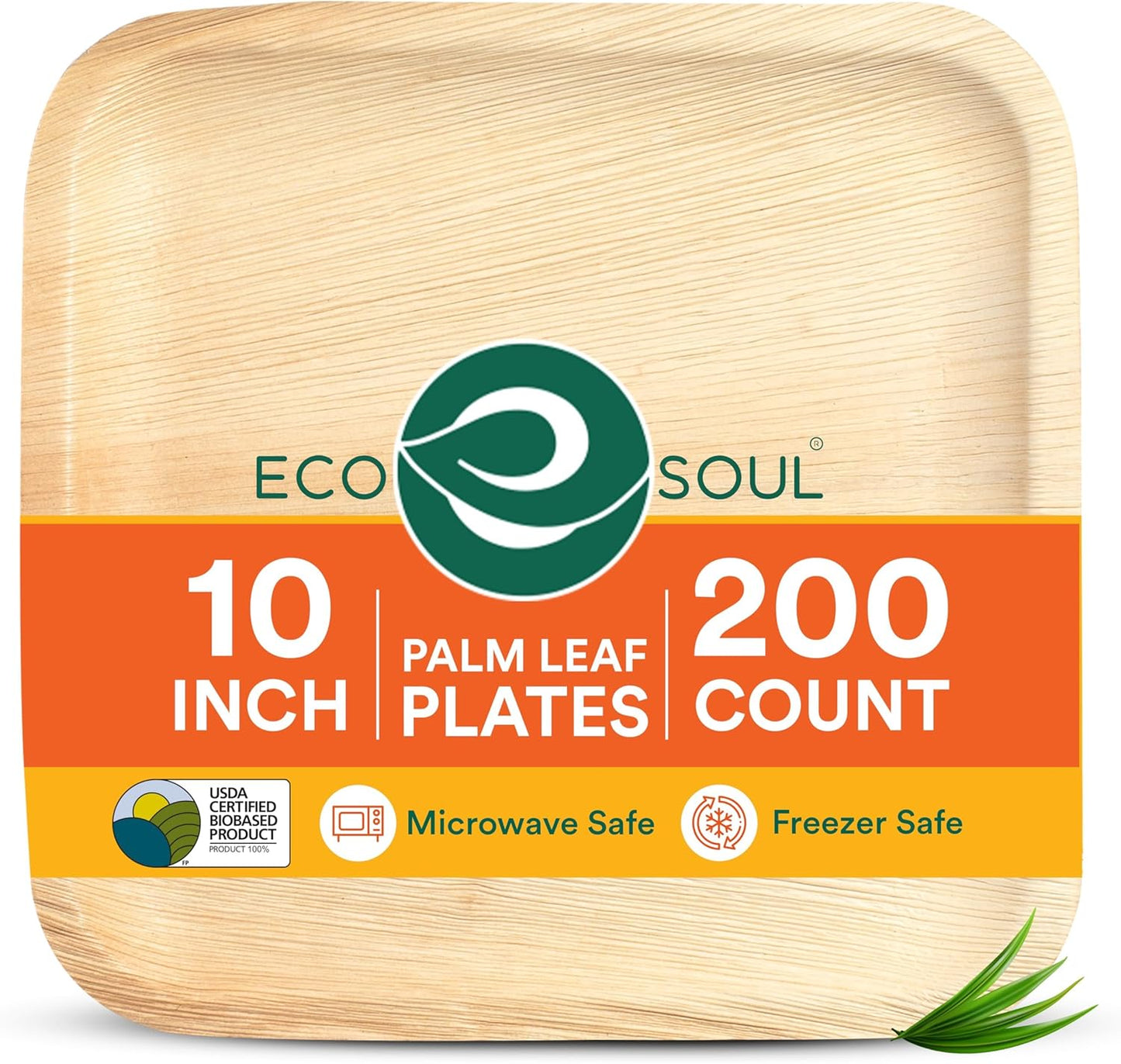 ECO SOUL Compostable 10 Inch Palm Leaf Square Plates (200 Count) Like Bamboo Plates | Biodegradable | Eco-Friendly, Microwave & Oven Safe