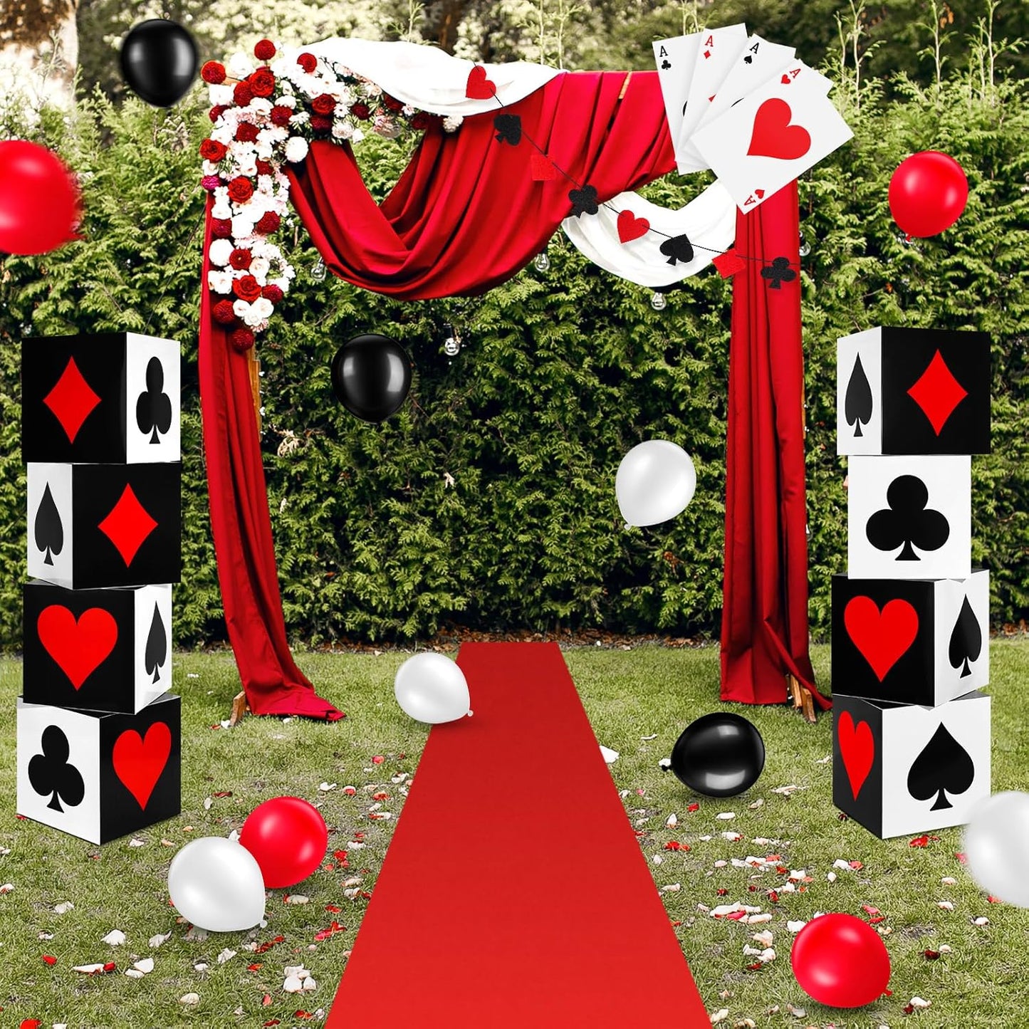 Zhanmai 52 Pcs Casino Themed Decorations Set Las Vegas Game Night Entryway Door Party Decor 8 Pcs 12 Inch Large Poker Boxes 8 Jumbo Poker Cards 30 Pcs Balloon Aisle Runners for Birthday Celebration