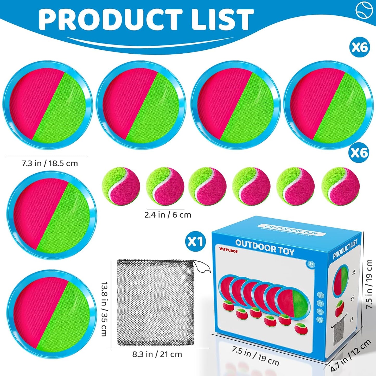 Toss and Catch Ball Game Set, Beach Outdoor Toys for Kids Boys with Paddle, Balls and Storage Bag, Yard Backyard Outside Indoor Toys Games Gifts for Kids Boys Girls Ages 3 4 5 6 7 8 9 10