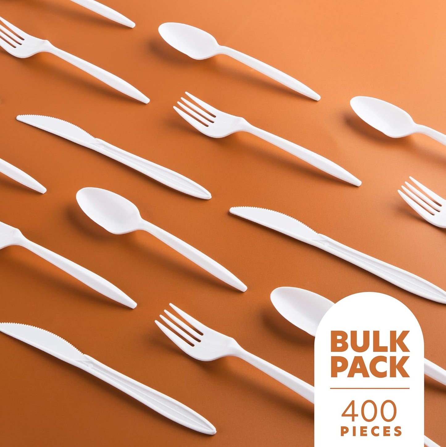 PLASTICPRO 400 Pack Disposable Plastic Utensils Assorted Colored Cutlery Combo Set Forks Spoons Knives Silverware, White Plastic Cutlery for Parties