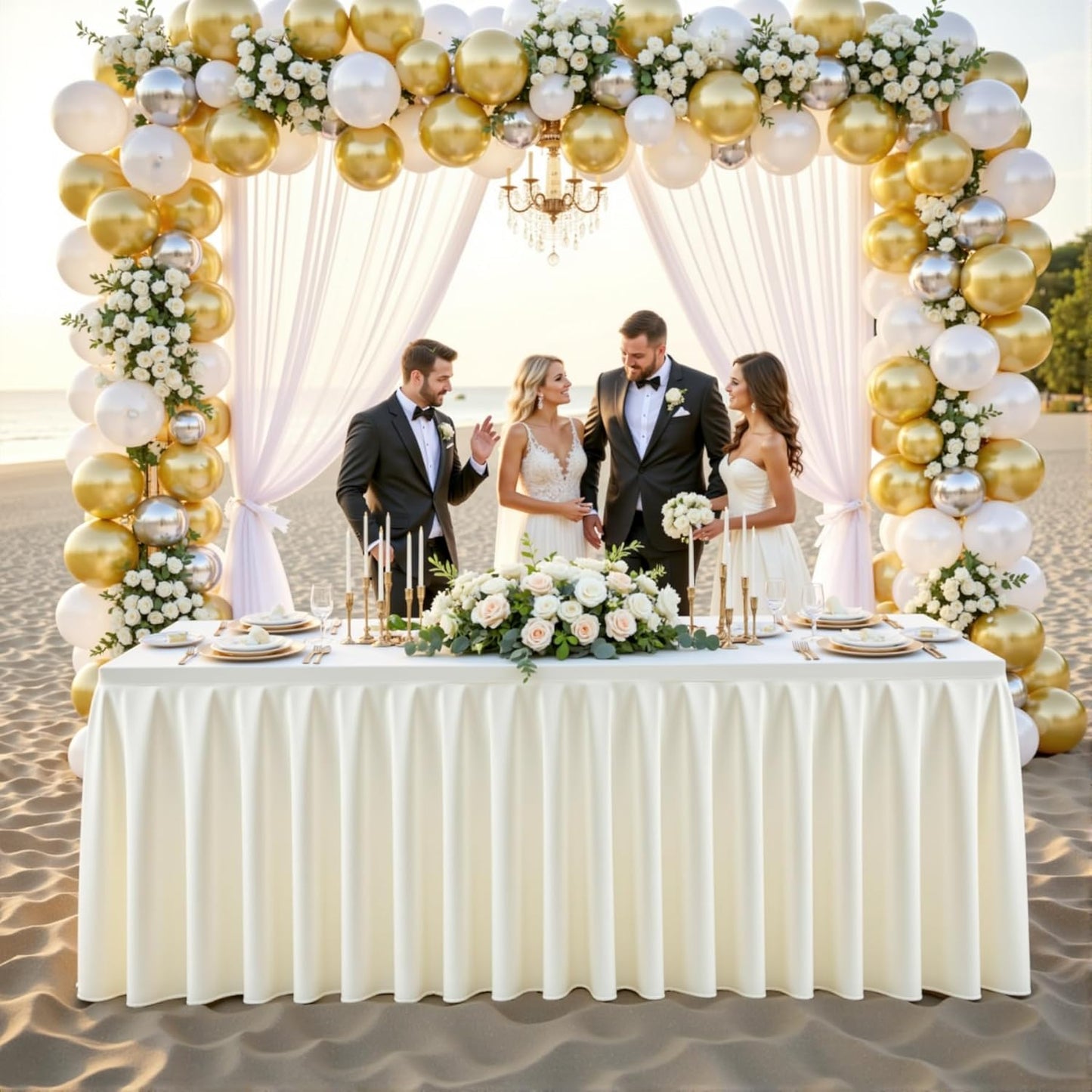 6 Pack Ivory Rectangle Tablecloth 8 FT Stretch Spandex Fitted Table Cloth for 8 Foot Rectangle Tables Banquet Tablecloths Wrinkle Free Table Cover Skirt Ruffle Tablecloth for Party Wedding Birthday