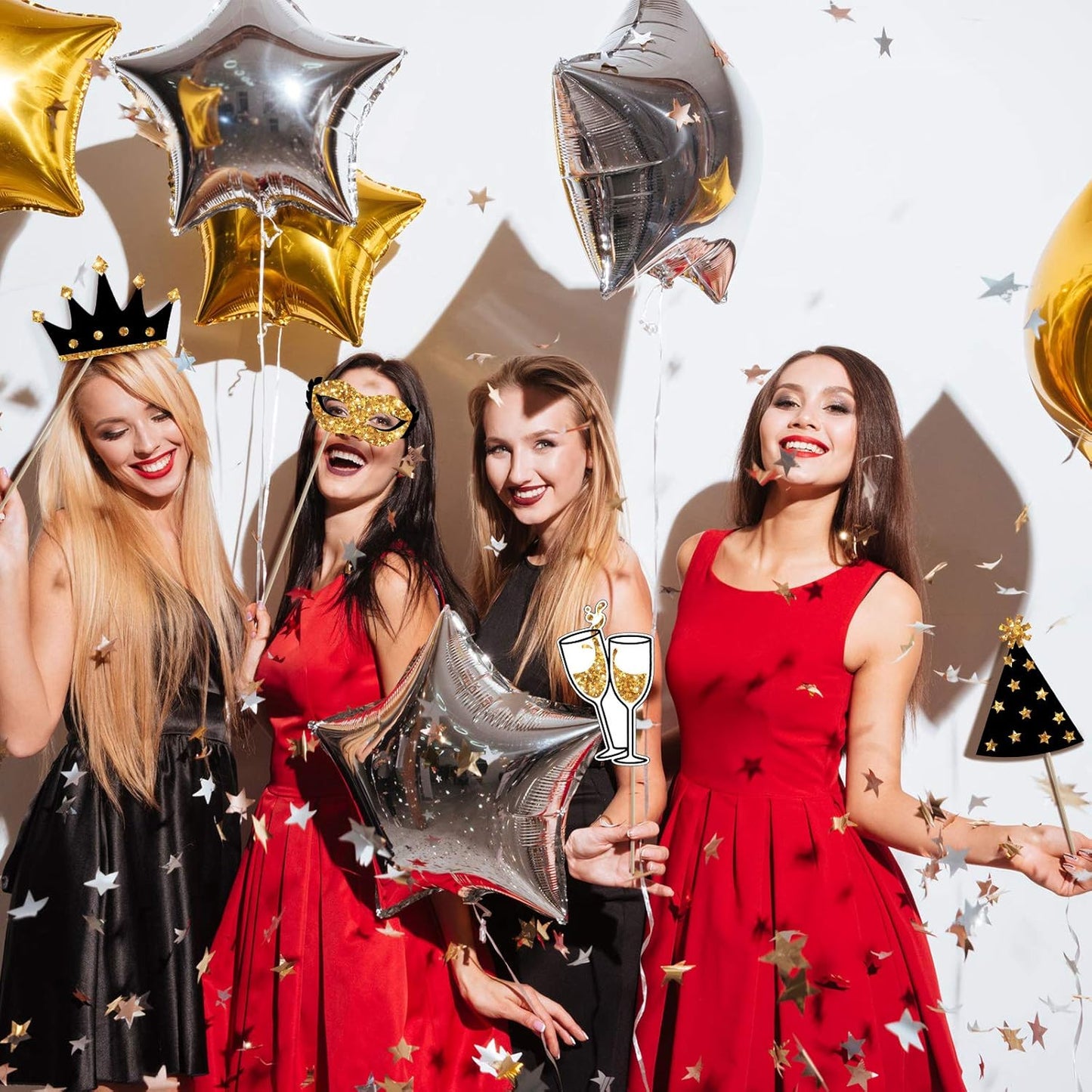 Zonon 24 Pieces Funny Photo Booth Props:Halloween,Christmas,Family Reunion, Class Reunion, Birthday, Weddings, Prom Disco Mardi Gras Party Supplies - Mix of Hats, Lipstick, Tie(Golden)