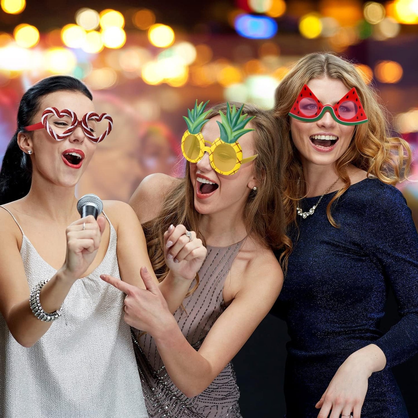 Funny Luau Donut Sunglasses - 12 Pack Novelty Tropical Fancy Glasses, Photo Booth Props for Summer Themed Party Supplies, Pizza Ice Cream Fruit Fun Masks