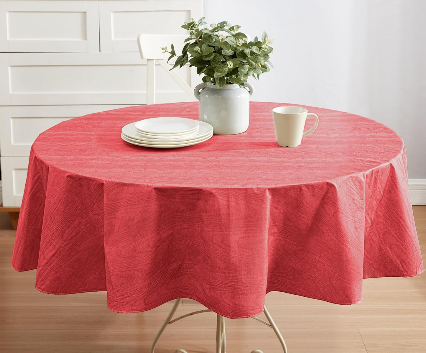 Newbridge Vinyl Flannel Backed Tablecloth, 60 x 84 Inch Oval, Red Moire Wavy Solid Design, Heavyweight Indoor Outdoor Waterproof Table Cover, Easy Care Wipe Clean