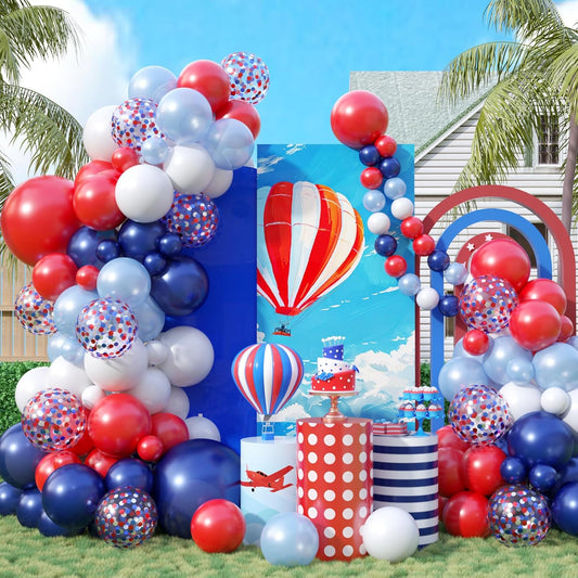 Red and White Balloon Arch Kit - Baseball Balloon Arch with 18/12/5 inch Pearl Light Blue Latex Balloons, Confetti for Birthday, Baby Shower, Independence Day Party