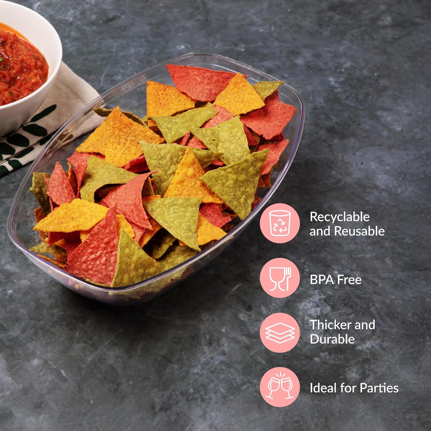 12 Pack Clear Oval Plastic Serving Bowls (64 Oz) - Disposable Dishes, Taco Bar Serve Set, Chip Bowls for Parties, Snack/Salad Containers, Prestee Candy/Party Bowl for Serving Food