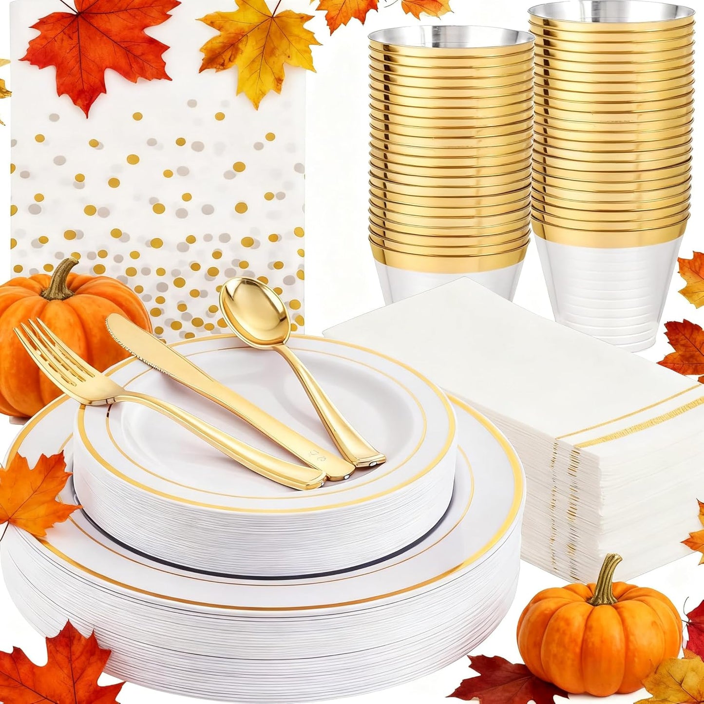 GATHER 176 Pieces Gold Dinnerware Disposable - White and Gold Plastic Plates Includes 50 Plates, 25 Plastic Silverware, 25 Napkins, 25 Cups and 1 Tablecloth for Wedding Party Thanksgiving