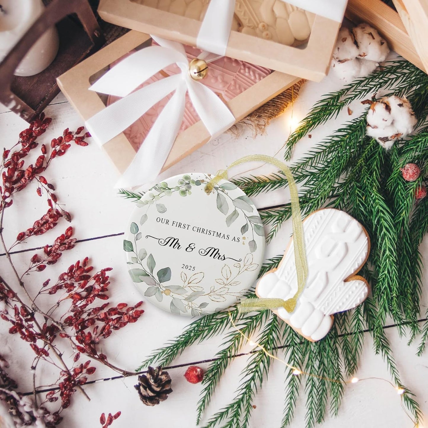 Our First Christmas Married Ornament 2025,Wedding Gifts for Couples Unique Decoration,First Year Newlywed Mr and Mrs Hanging 2.9" Ceramic Round Ornament