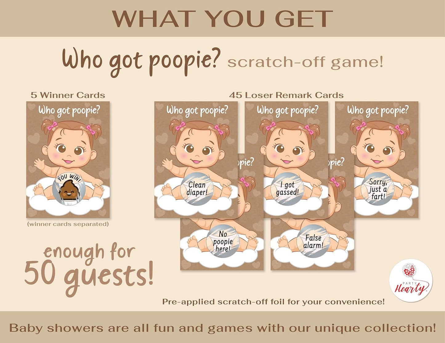 Fun Baby Shower Games for Girls - Poopie Emoji Scratch-Off Lottery Tickets - 50 Cards Hilarious and Engaging Baby Shower Activity