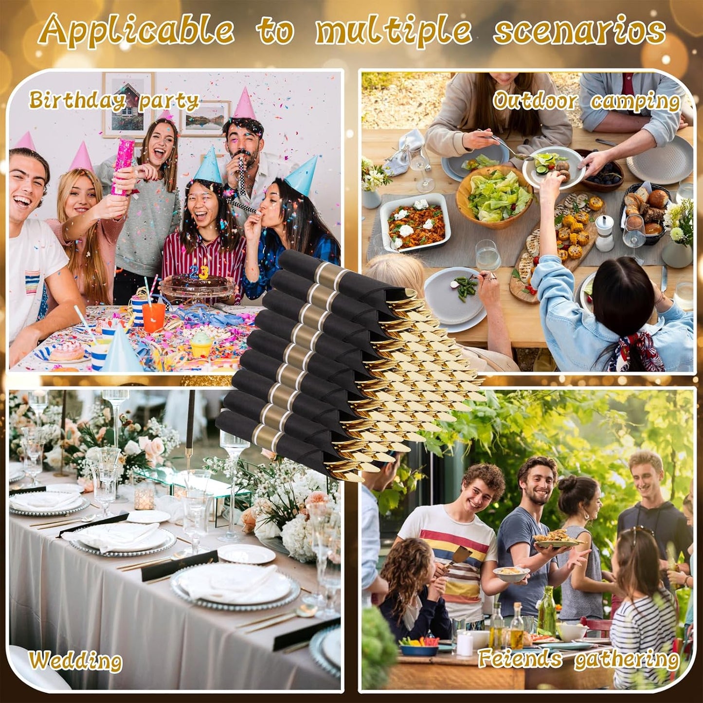 Supernal 60 Pack Gold Silverware, Rolled, Pre Wrapped with Black Napkins, Heavy Duty Plastic Cutlery, Forks and Spoons