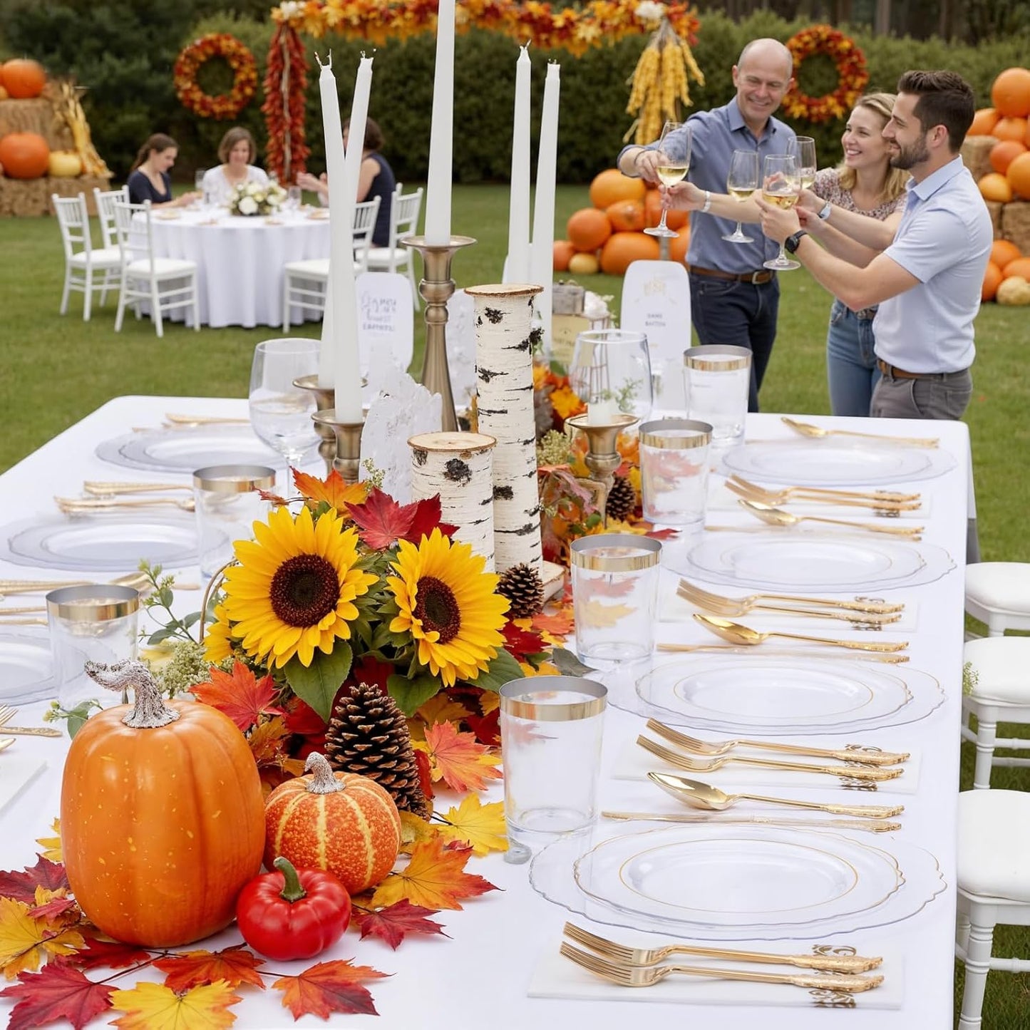 KIRE 210Pcs Clear and Gold Plastic Plates - Heavy Duty Clear Plates with Gold Rim - Disposable Dinnerware Sets of 60 Plastic Plate 90 Silverware 30 Cups 30 Napkins for Wedding/Thanksgiving Parties