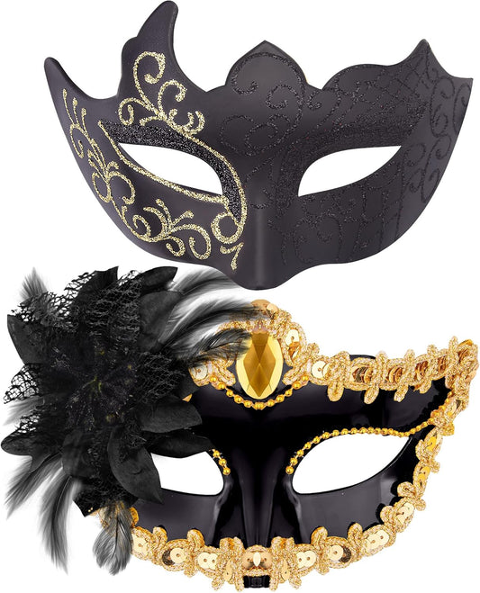SIQUK Couple Masquerade Masks Set Venetian Party Mask Plastic Halloween Costume Mask Mardi Gras Mask for Women and Men