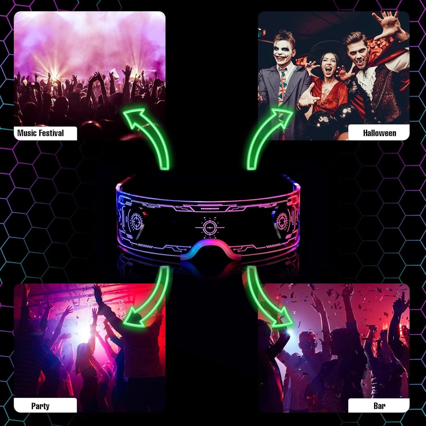2 pack Light Up Glasses For Party LED Glasses For Kids Adults Multi Color Futuristic Sunglasses Space Accessories Neon Glasses,Gifts(Sleek Style)
