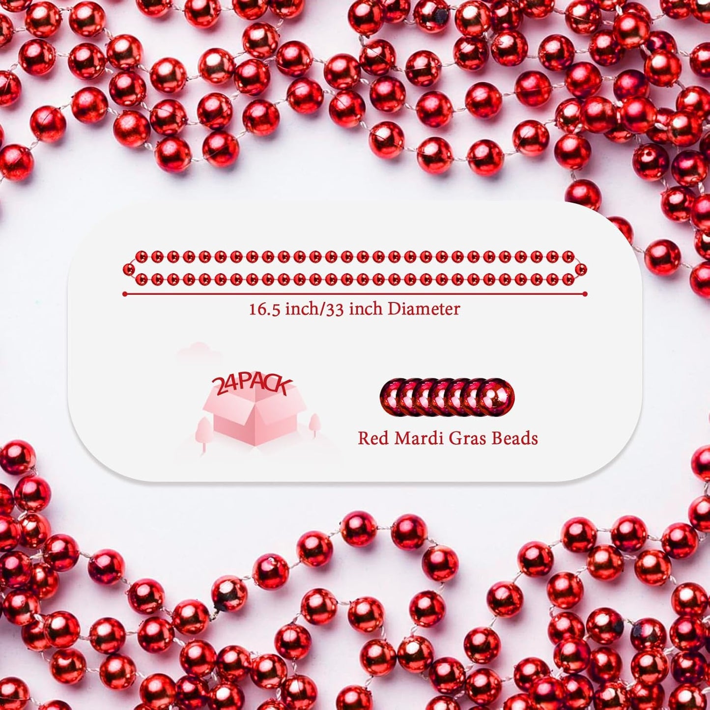 YAXINRUI 24 PCS Red Bead Necklaces, Red Christmas Mardi Gras Bead Necklaces, Valentine Necklace, 33 Inch Round Beaded Necklaces for Mardi Gras Christmas Valentine Festive Events, Party Favors