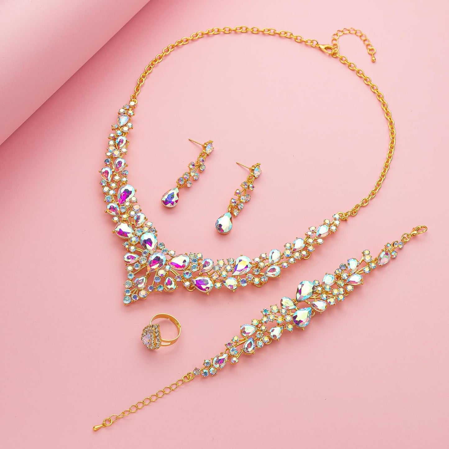 Crystal Bridal Wedding Jewelry Sets for Women Rhinestone Teardrop Crystal Statement Choker Necklace Drop Earrings Link Bracelets Rings Teardrop Jewelry Set for Brides Bridesmaids