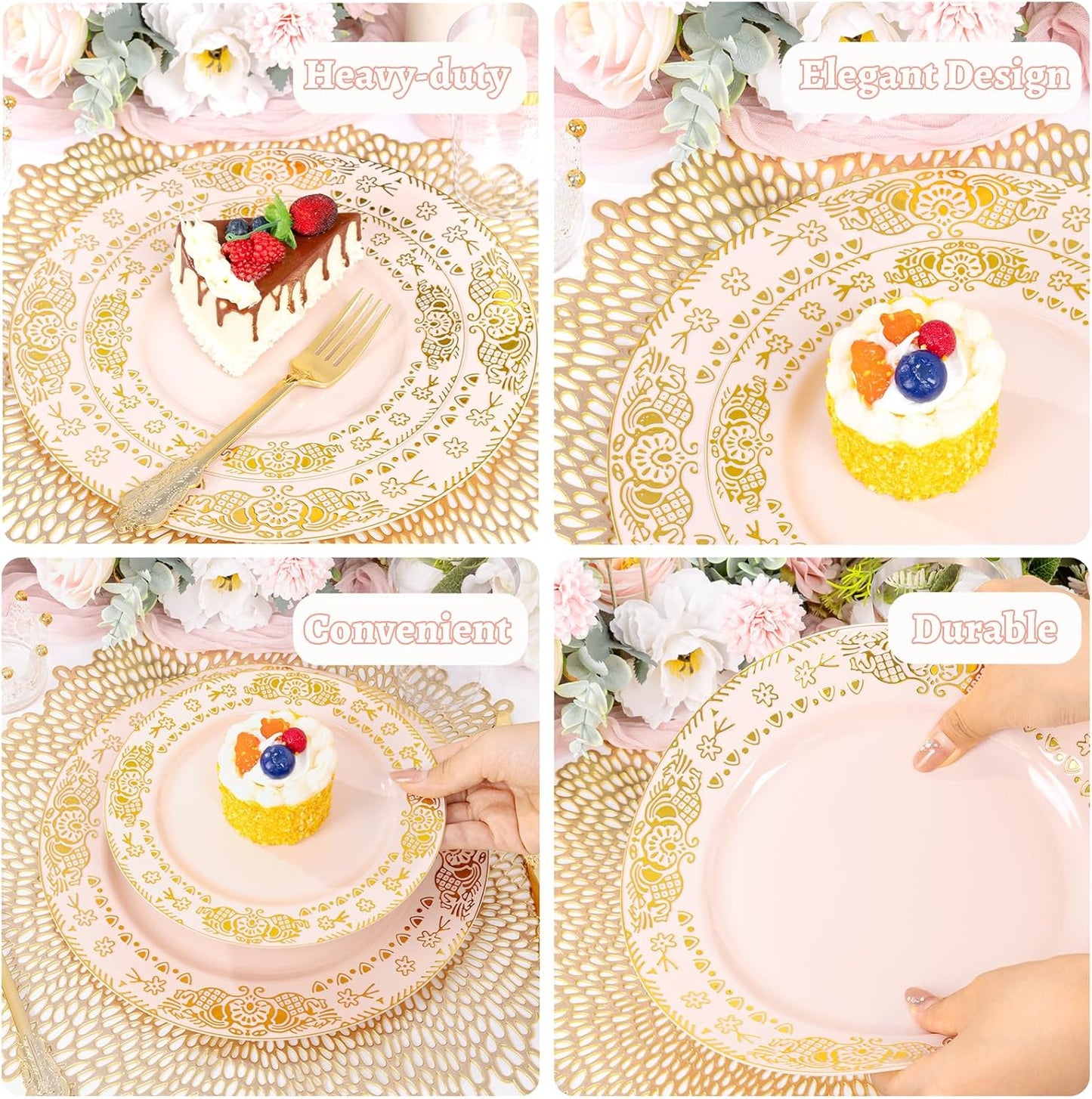 GATHER 350PCS Pink and Gold Plastic Plates - Gold Disposable Dinnerware Set Include 50 Dinner Plates, 50 Dessert Plates, 150 Plastic Silverware, 50 Napkins, 50 Cups for Party & Wedding