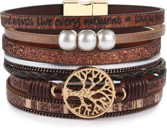 FANCY SHINY Tree of Life Leather Wrap Bracelet Inspirational Cuff Bangles Boho Pearl Bracelets with Magnetic Clasp Unique Jewelry Gifts for Women