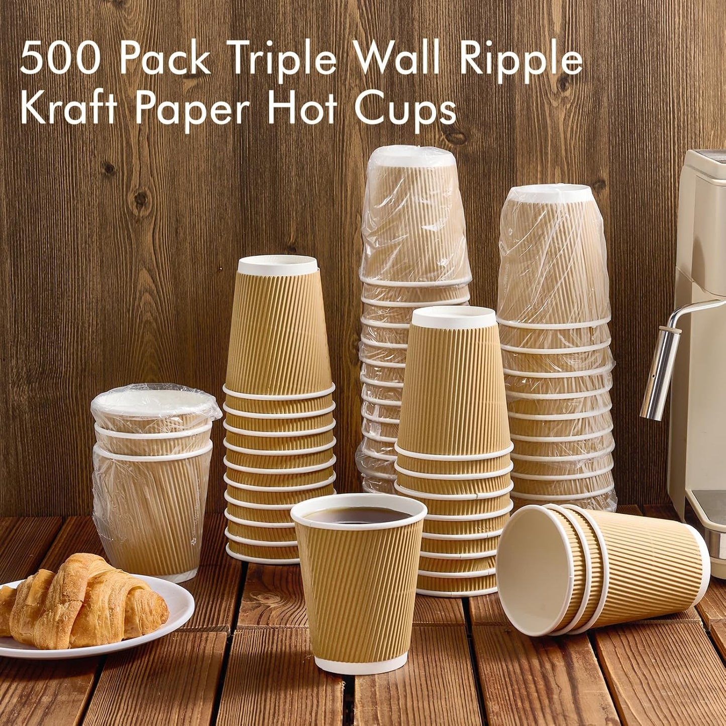 500 Pack 8 oz Coffee Cups, Insulated Ripple Wall Hot Coffee Cups for Home, Office, Hotel, Meetings, Parties