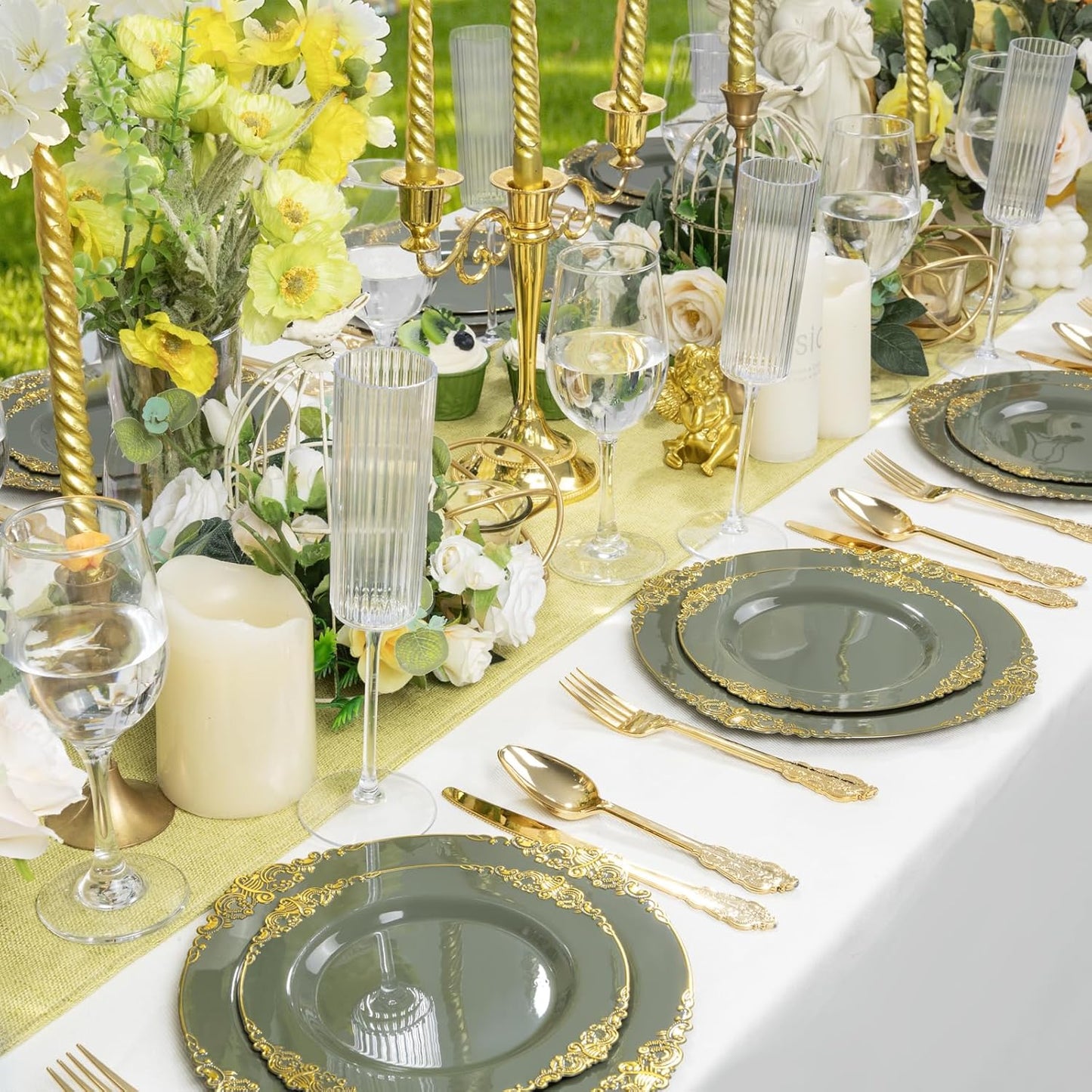 125PCS Olive Green Plastic Plates - Green and Gold Disposable Plates - Vintage Plate with Gold Plastic Silverware Sets for 25 Guests for Christmas & Party