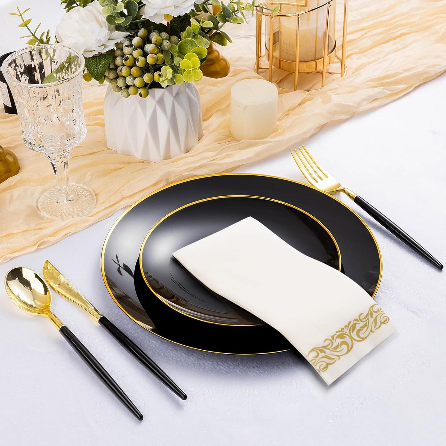350 Pieces Black Gold Plastic Dinnerware Set, Gold Disposable Plates for Party, Include 100 Black Plates with 150 Plastic Cutlery, 50 Napkins and 50 Cups