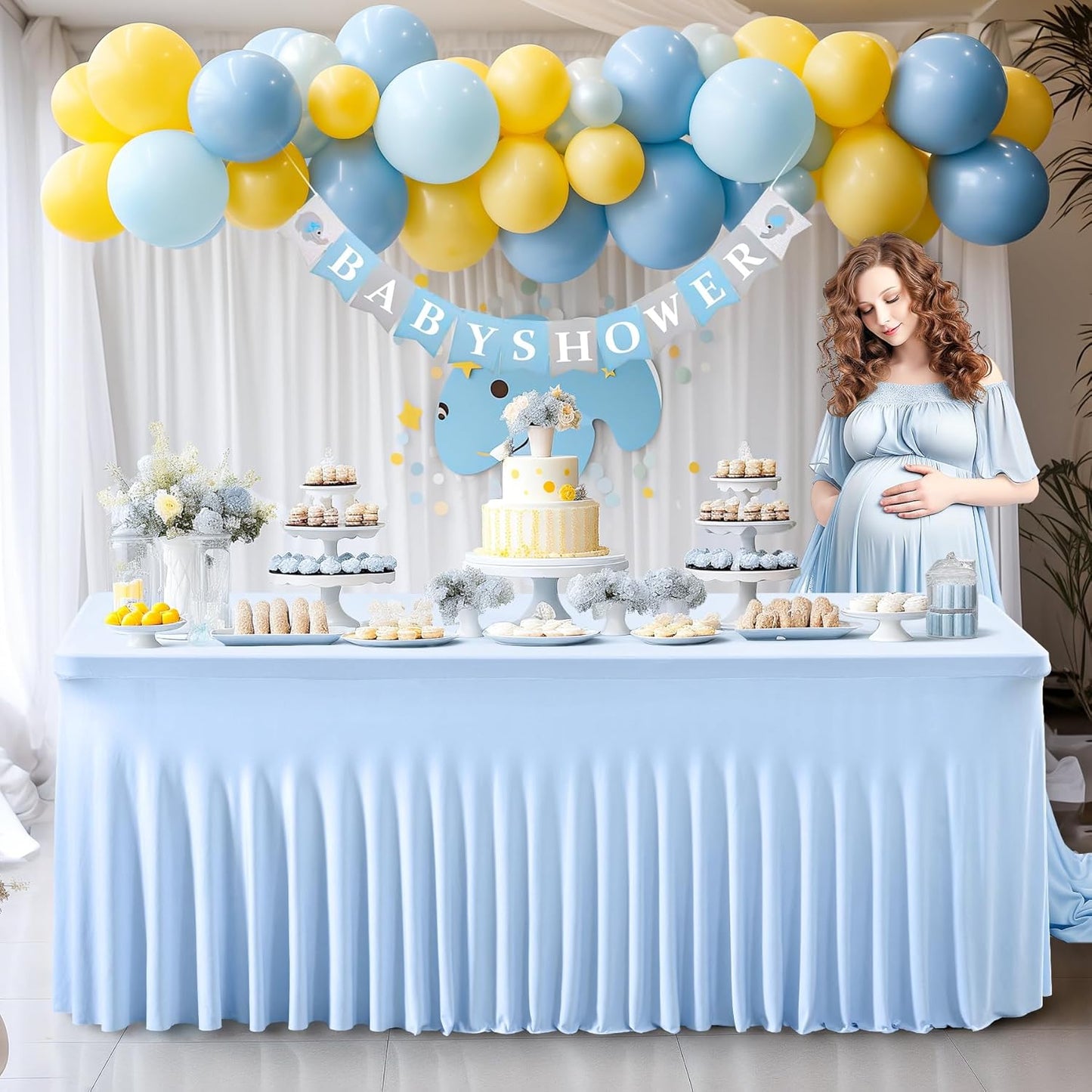 2 Packs Baby Blue Table Clothes for 8 Foot Rectangle Tables, One-Piece Wrinkle Resistant Stretch Spandex Table Covers with Skirt for Event Banquet Wedding Birthday Party