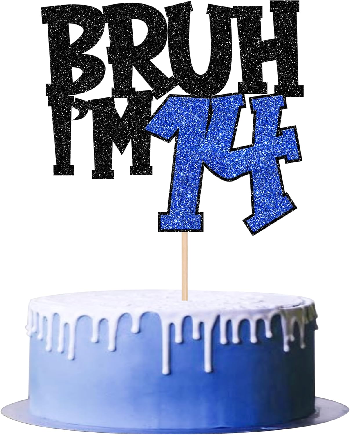 1 PCS Bruh I'm 14 Cake Topper Glitter Happy 14th Birthday Cake Pick Bro I'm 14 Cake Decoration It's My 14th Birthday Decorations for Cheers to 14 Years Old Birthday Anniversary Party Supplies Blue